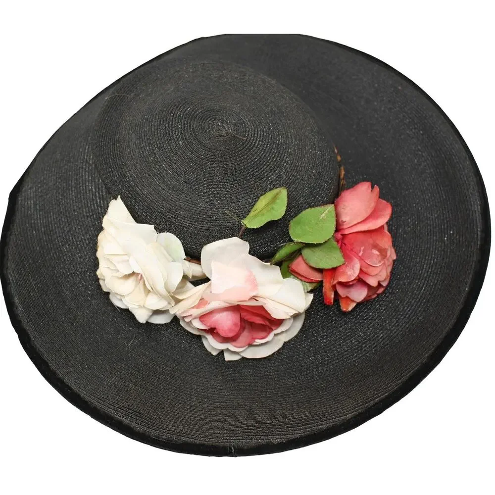 Vintage 1940s Black Wide Brim Platter Tilt Hat Floral Statement Style - Hey Viv